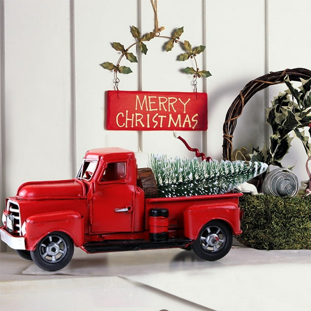 Christmas Vintage Red Metal Truck Ornament Kids Xmas Gifts Toy Table Decor